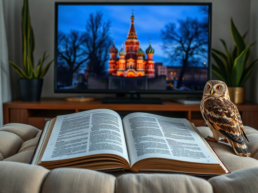 На переднем плане книга, рядом с ней сова, на фоне телевизора с изображением собора Василия Блаженного.