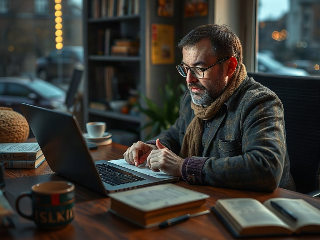 Мужчина в свитере и шарфе работает за ноутбуком в уютном кафе, рядом книги и чашка кофе.