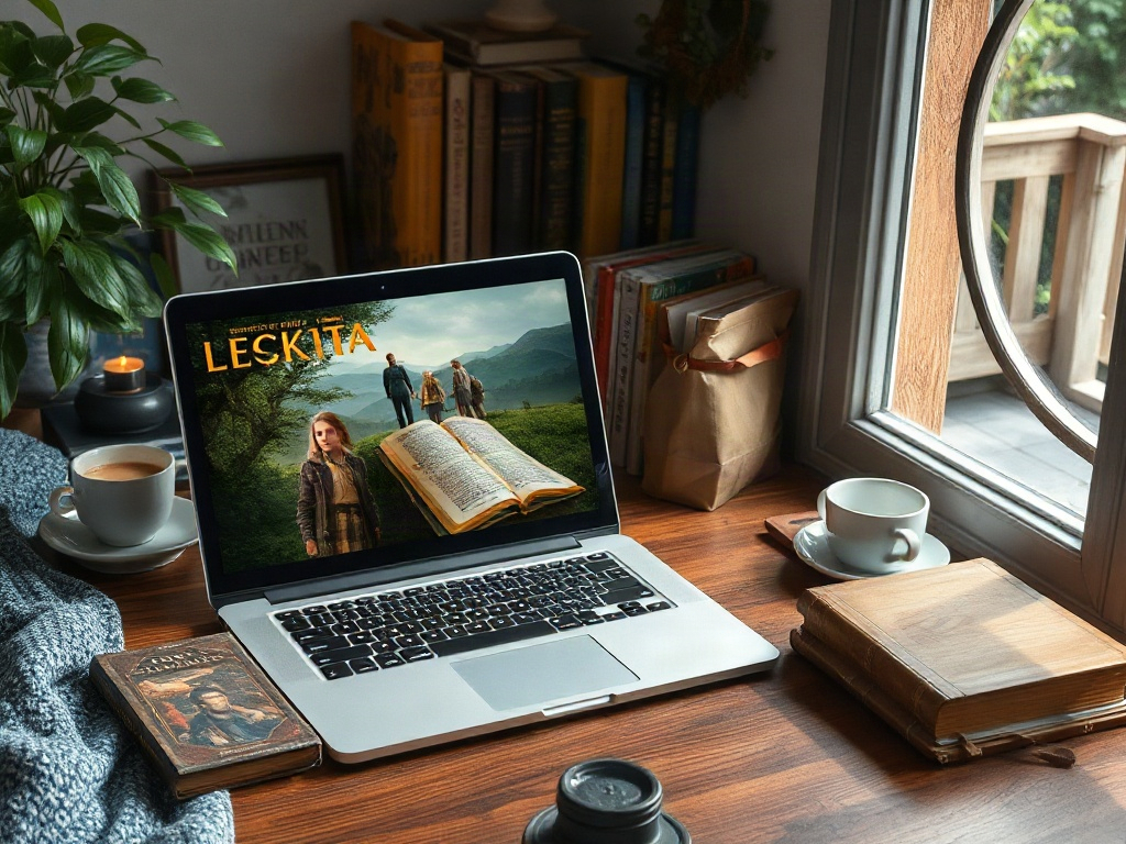 На столе стоит ноутбук с изображением фильма "Лескита", рядом книги и чашка кофе. Уютная обстановка.